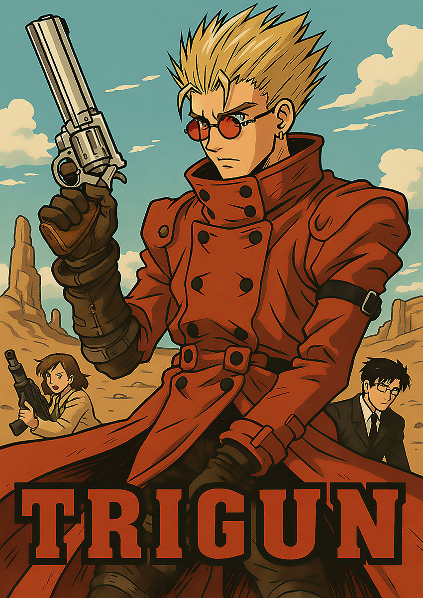 Dramatic artwork featuring a character from Trigun anime in a desert setting.
